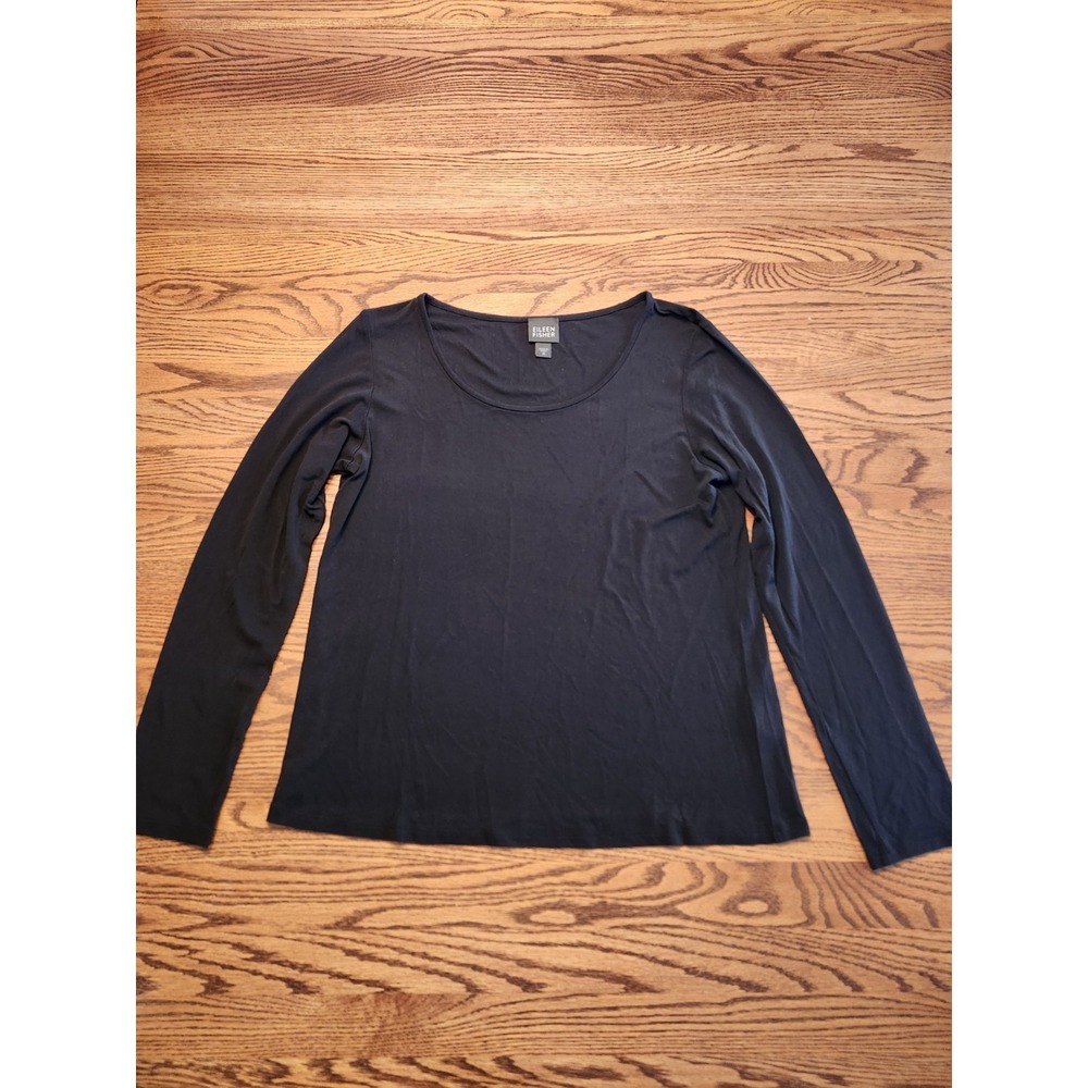 Eileen Fisher Stretch Silk Jersey Scoop Neck Top Black Size Medium Long Sleeve
